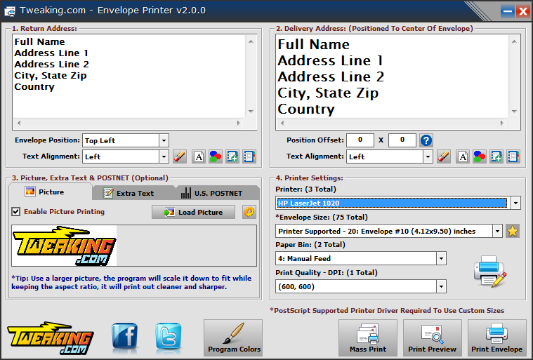 Screenshot of Envelope Printer