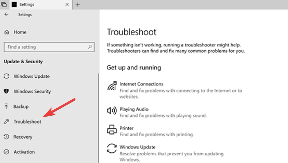 Troubleshoot option in Settings