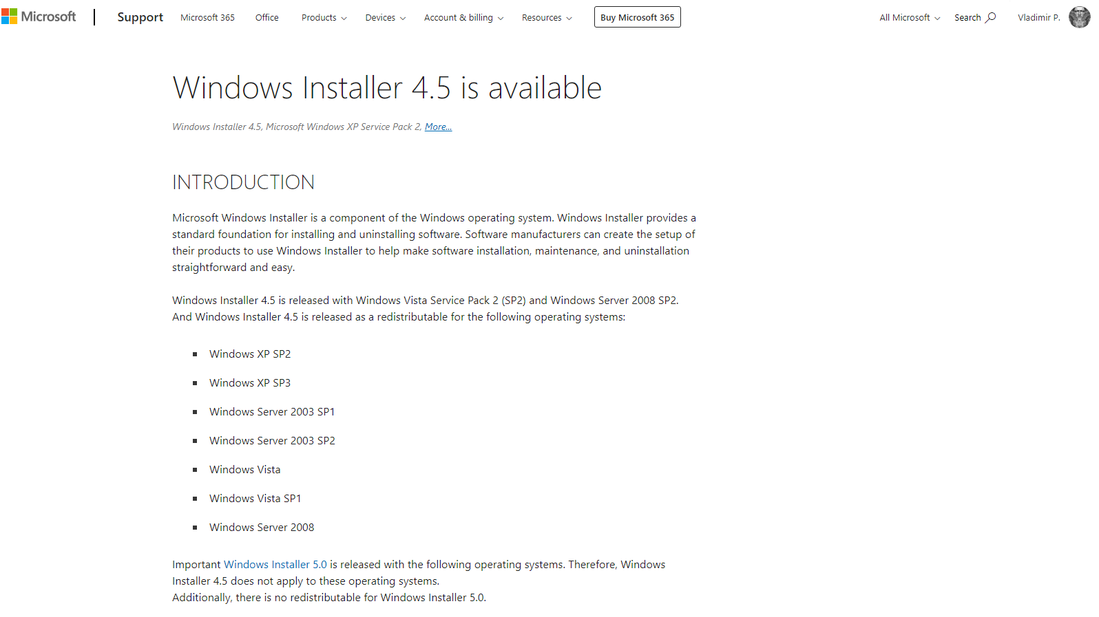 Official Microsoft download page for Windows Installer
