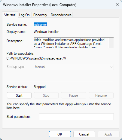 Windows Installer Properties in Services