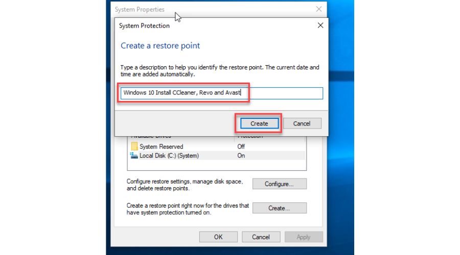 Windows 10 Create Restore Point - Give a name