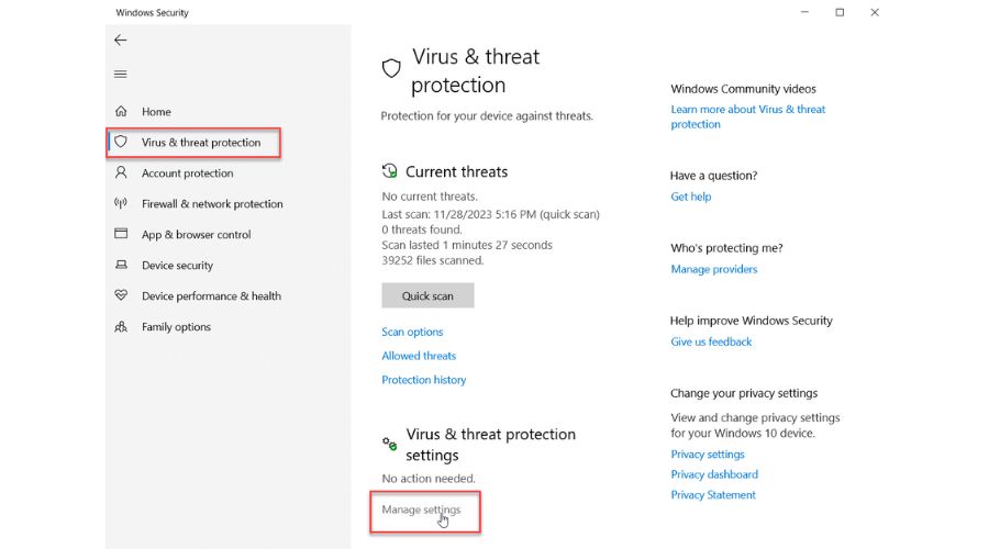 Fix VSS error Manage AV settings