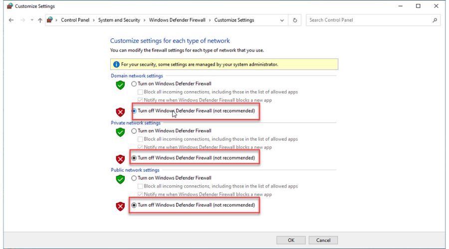 "VSS was denied access to the root of volume" - Fix VSS error - Turn Firewall Off