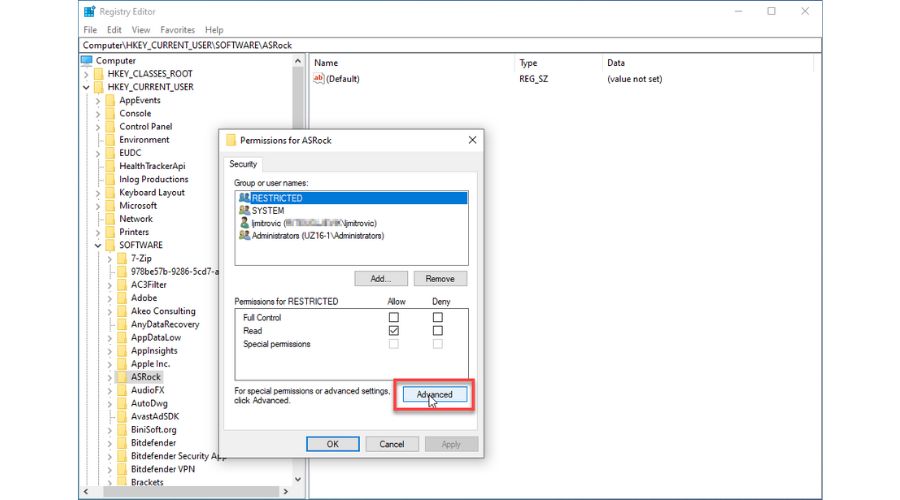 Cannot Use Reg Key in Windows 10 - Key Permissions Advanced