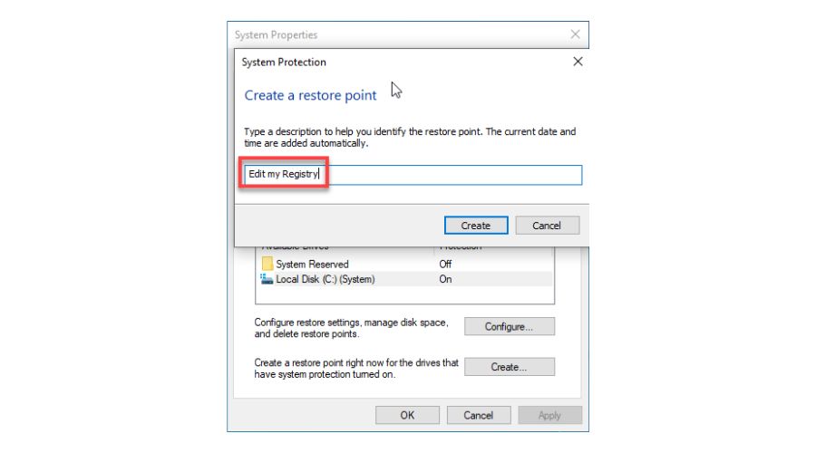 Cannot Use Reg Key in Windows 10 - Create a Restore Point