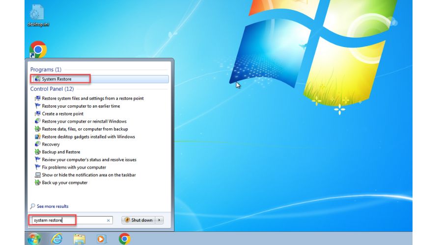 Windows 7 search system restore