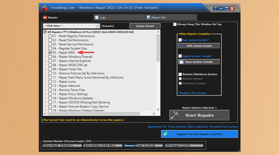 tweaking repair wmi