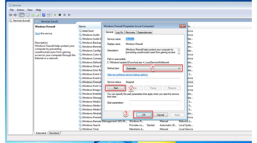 Start Windows 7 Firewall service