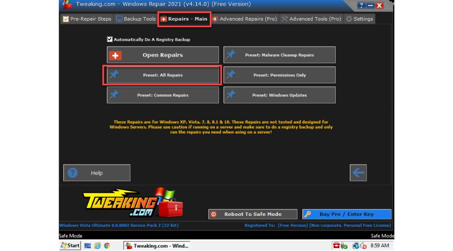 Tweaking Vista Preset All Repairs