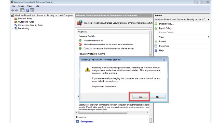 Vista Confirm Restore Default Policy for Firewall