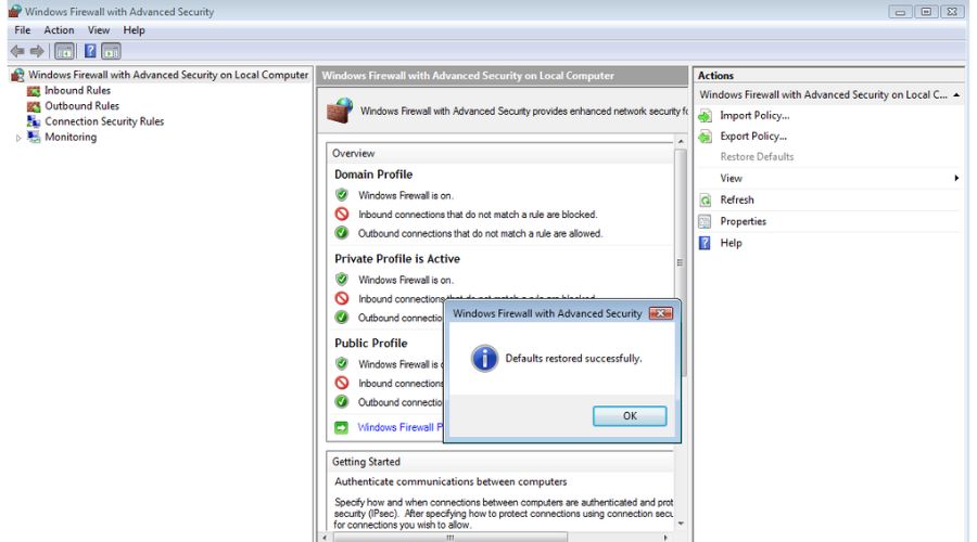Vista Succesfully Restore Default Policy for Firewall