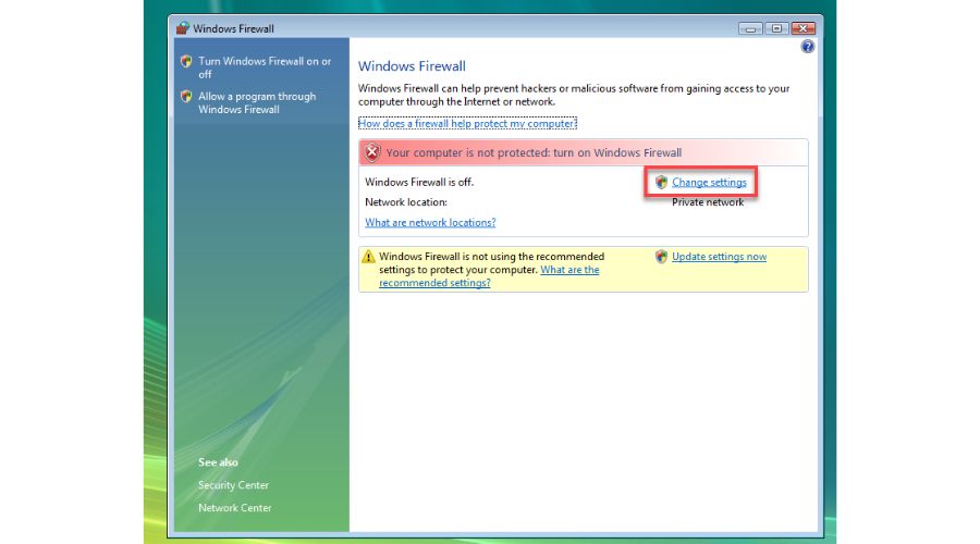 Vista change firewall settings