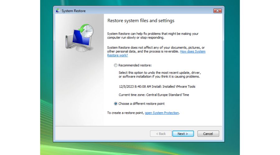 Vista choose restore point