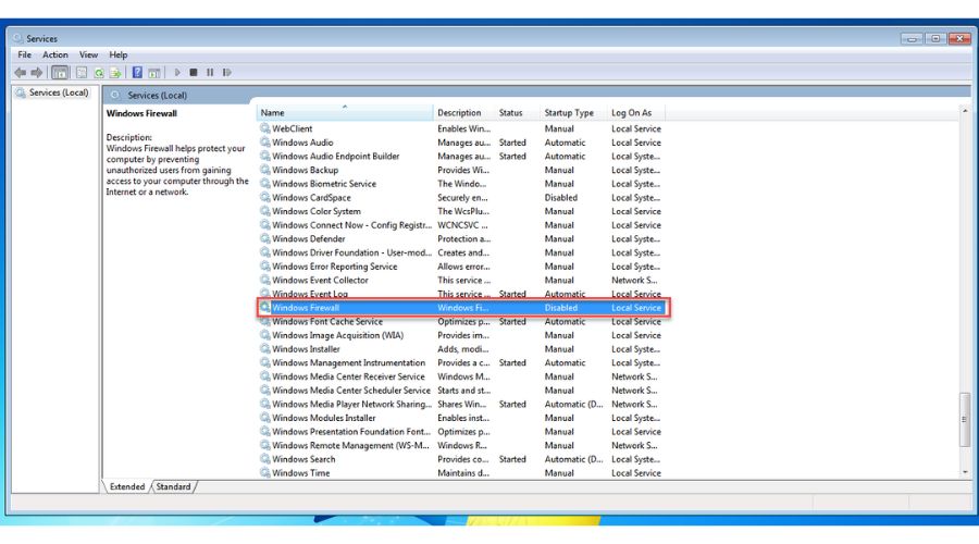 Windows 7 Firewall Disabled