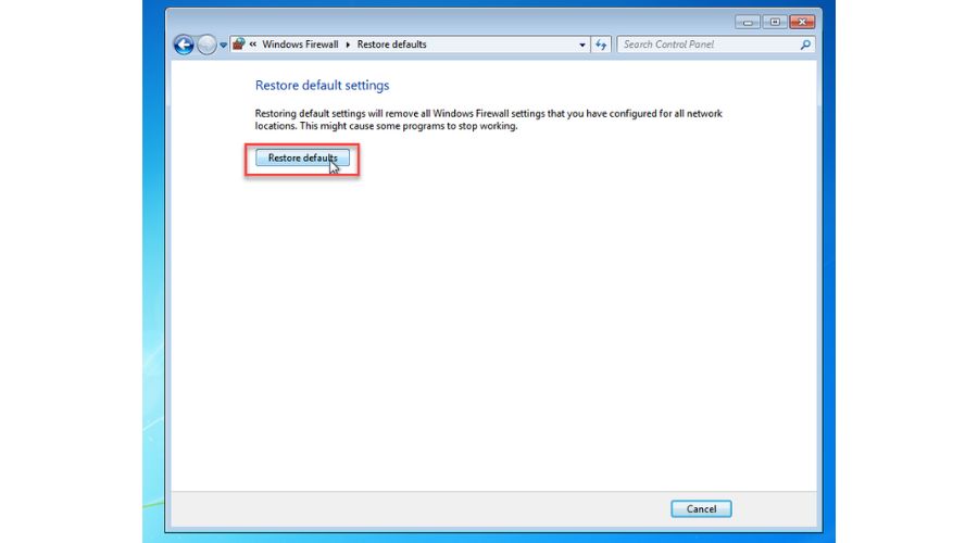 Windows 7 Firewall Restore Defaults Button